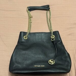 Michael Kors Black Leather Shoulder Bag with Gold Chain